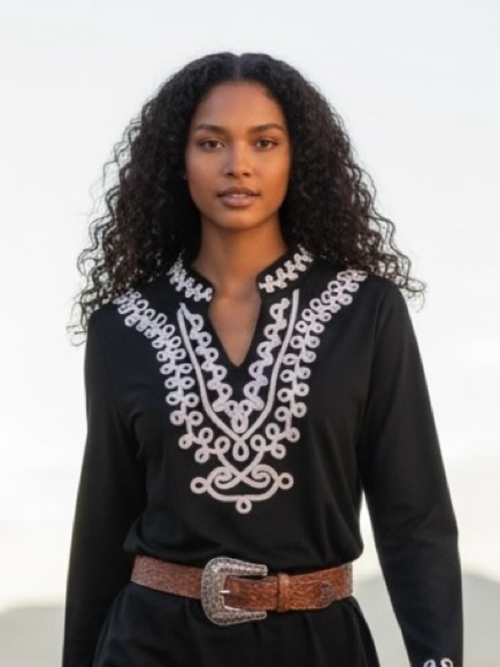 NEW Nanette Lepore Black Chiffon Tunic White Embroidered Contrast Boho Top Sz L